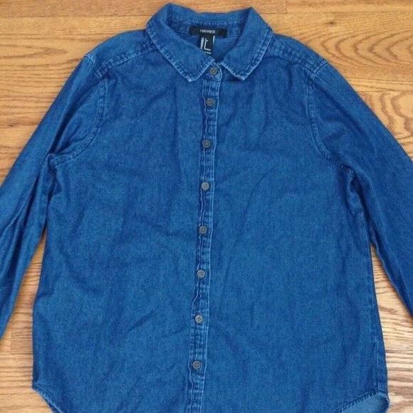 WOMENS S CHAMBRAY DENIM SHIRT LONG SLEEVE 100% COTTON BLUE 37"x 25.5" FOREVER 21 - Picture 7 of 14